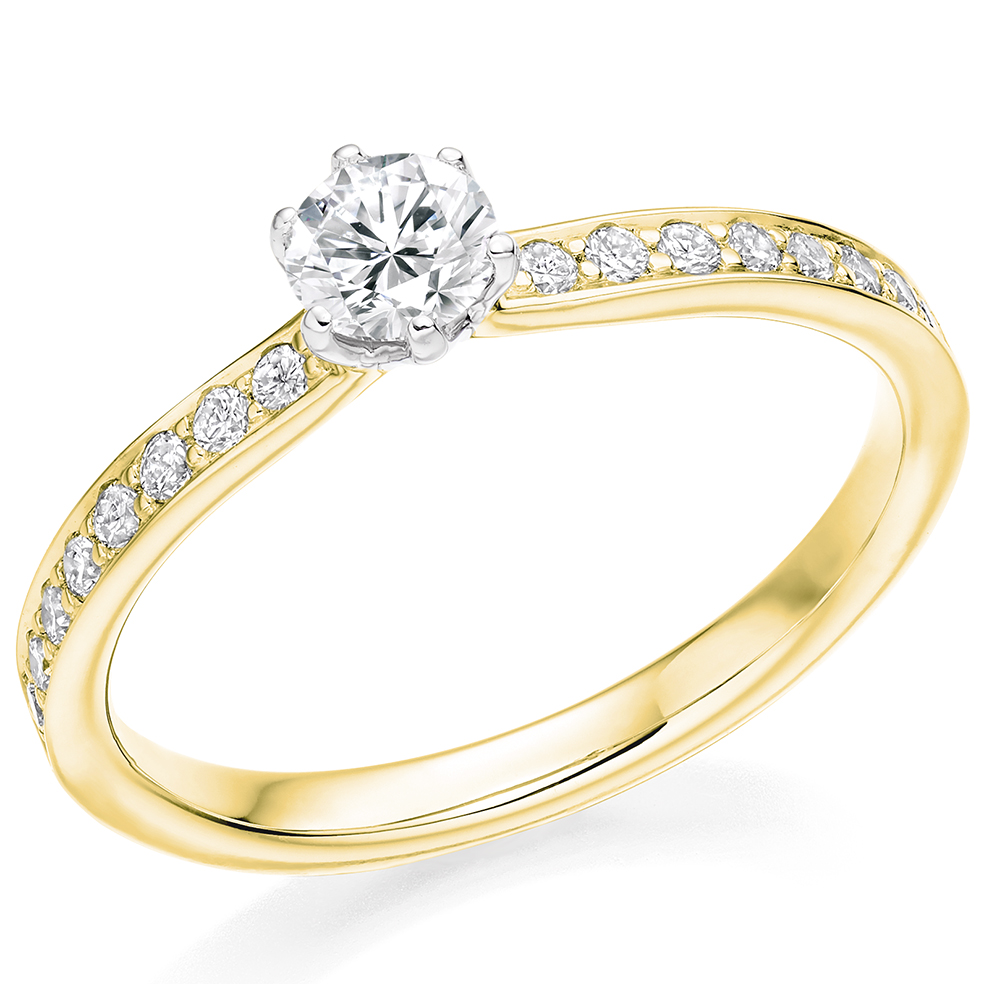 Image of Yellow Gold Round Brilliant Solitaire with Diamond Set Shoulders Engagement Ring