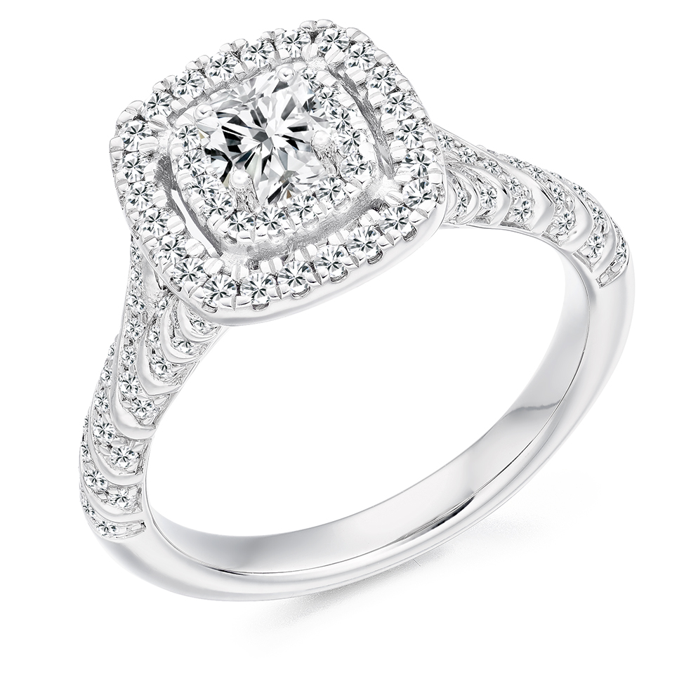 Image of Platinum Cushion Cut Halo with Diamond Set Shoulders Engagement Ring
