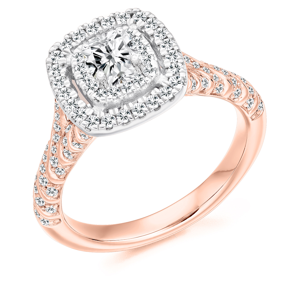 Image of Rose Gold Cushion Cut Halo with Diamond Set Shoulders Engagement Ring