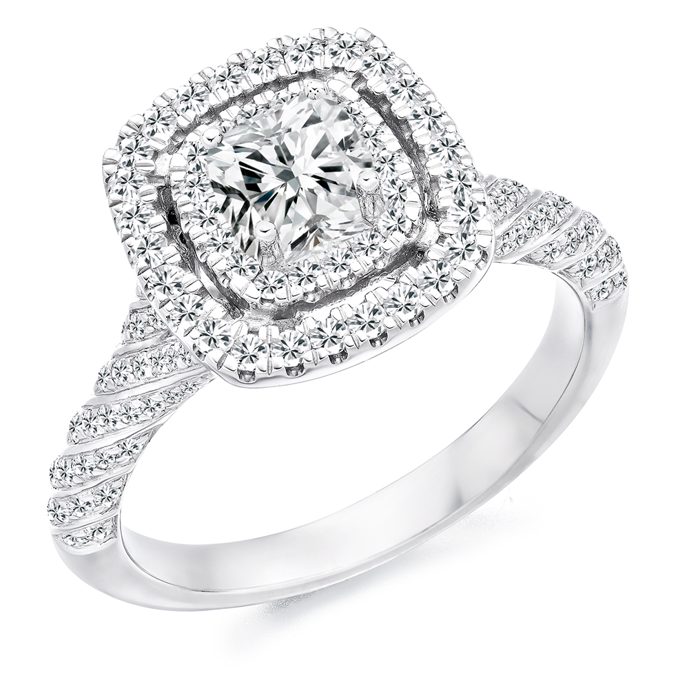 Image of White Gold Cushion Cut Halo with Diamond Set Shoulders Engagement Ring