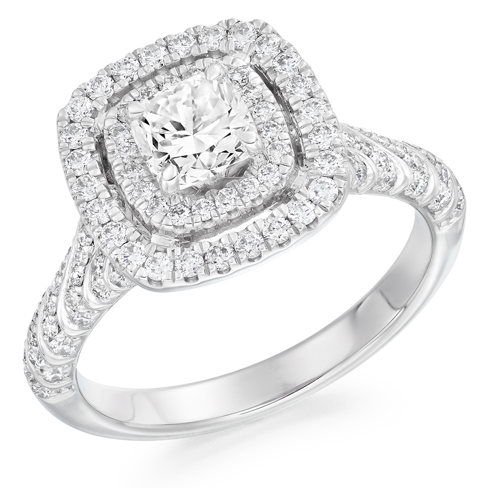 Image of White Gold Cushion Cut Halo with Diamond Set Shoulders Engagement Ring