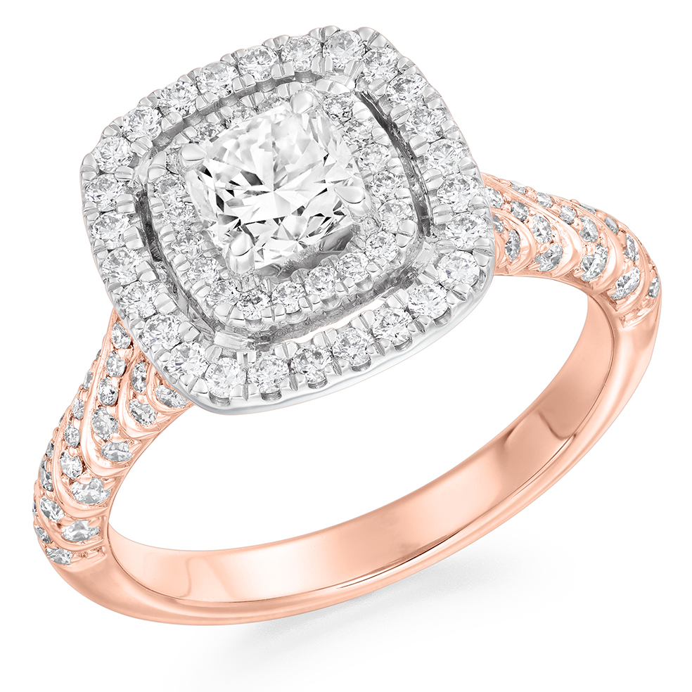 Image of Rose Gold Cushion Cut Halo with Diamond Set Shoulders Engagement Ring