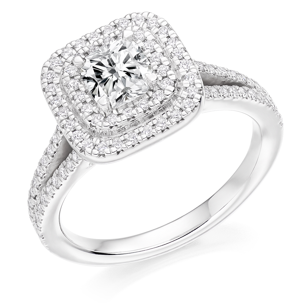 Image of Platinum Cushion Cut Halo with Diamond Set Shoulders Split Shoulders Engagement Ring