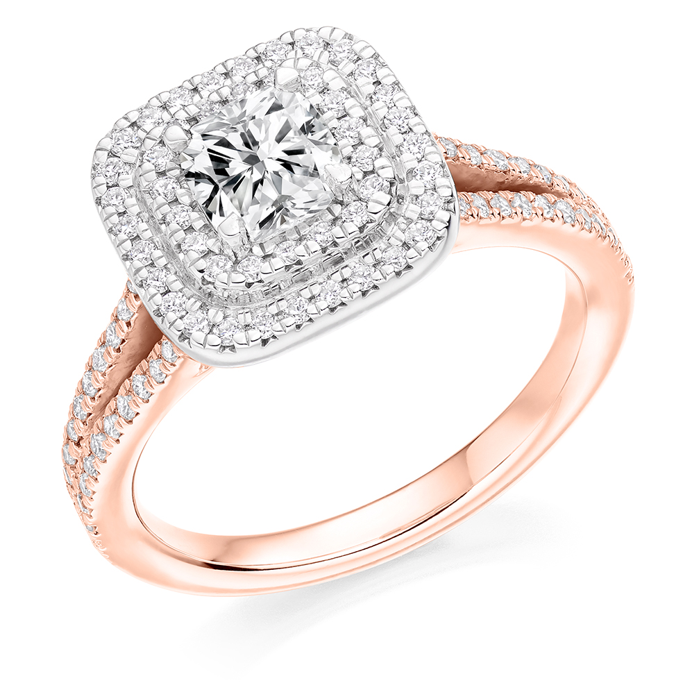Image of Rose Gold Cushion Cut Halo with Diamond Set Shoulders Split Shoulders Engagement Ring
