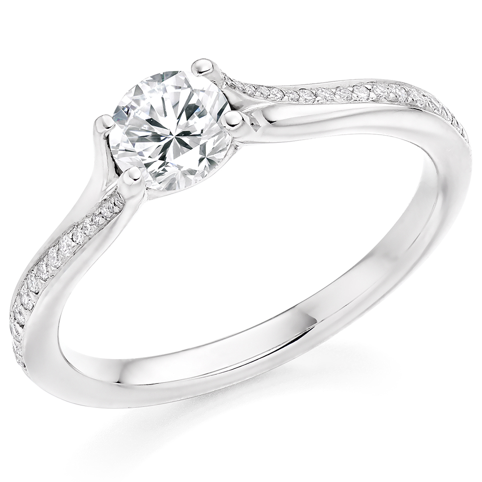 Image of Platinum Round Brilliant Solitaire with Diamond Set Shoulders Split Shoulders Engagement Ring