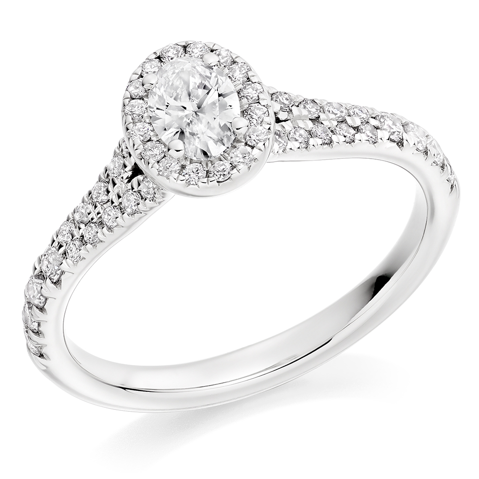 Image of Platinum Oval Cut Halo with Diamond Set Shoulders Split Shoulders Engagement Ring