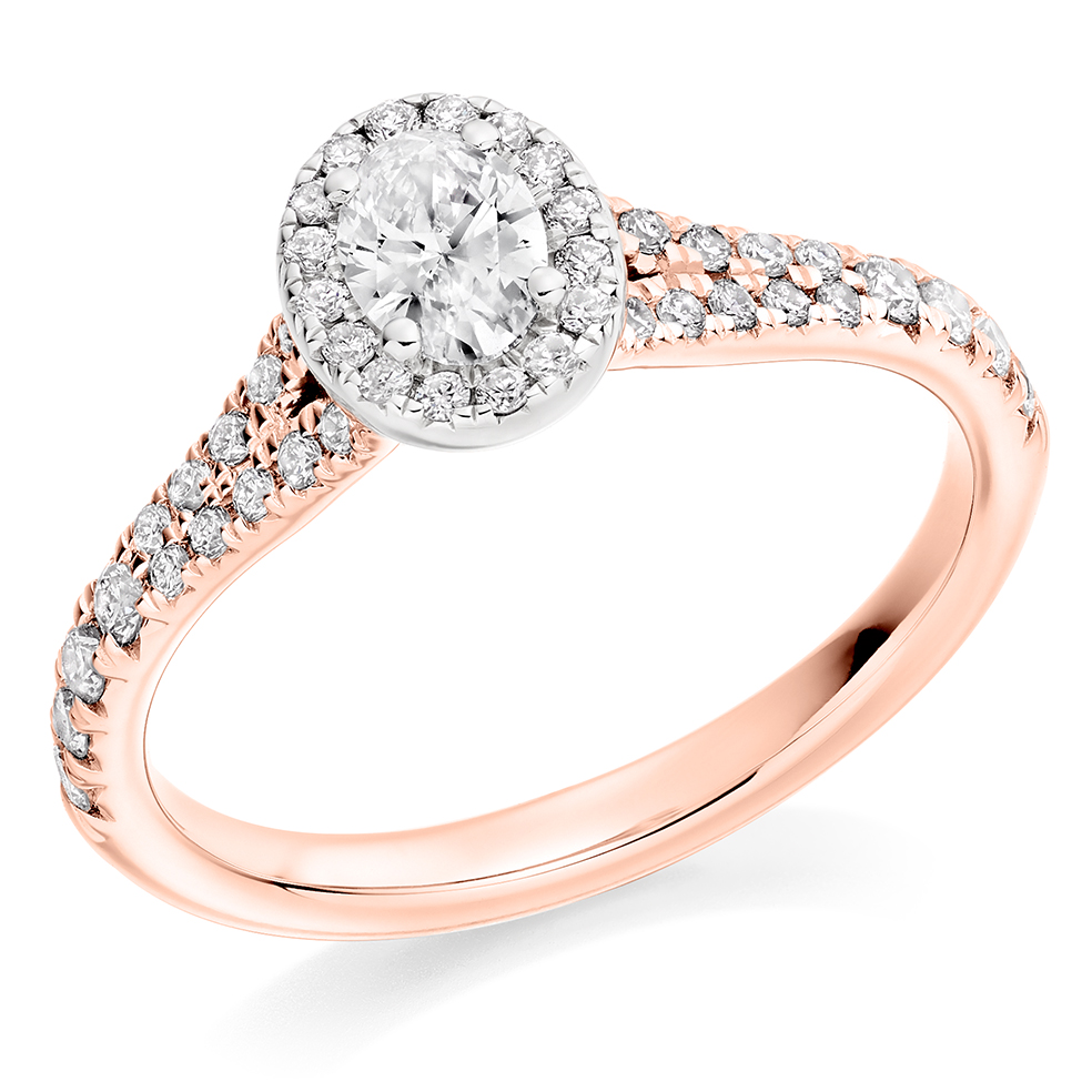 Image of Rose Gold Oval Cut Halo with Diamond Set Shoulders Split Shoulders Engagement Ring