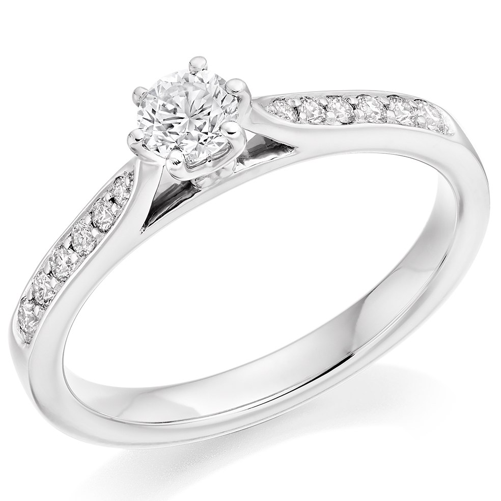Image of White Gold Round Brilliant Solitaire with Diamond Set Shoulders Engagement Ring