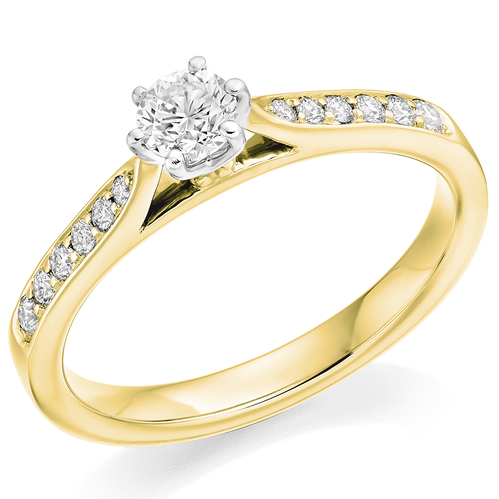 Image of Yellow Gold Round Brilliant Solitaire with Diamond Set Shoulders Engagement Ring