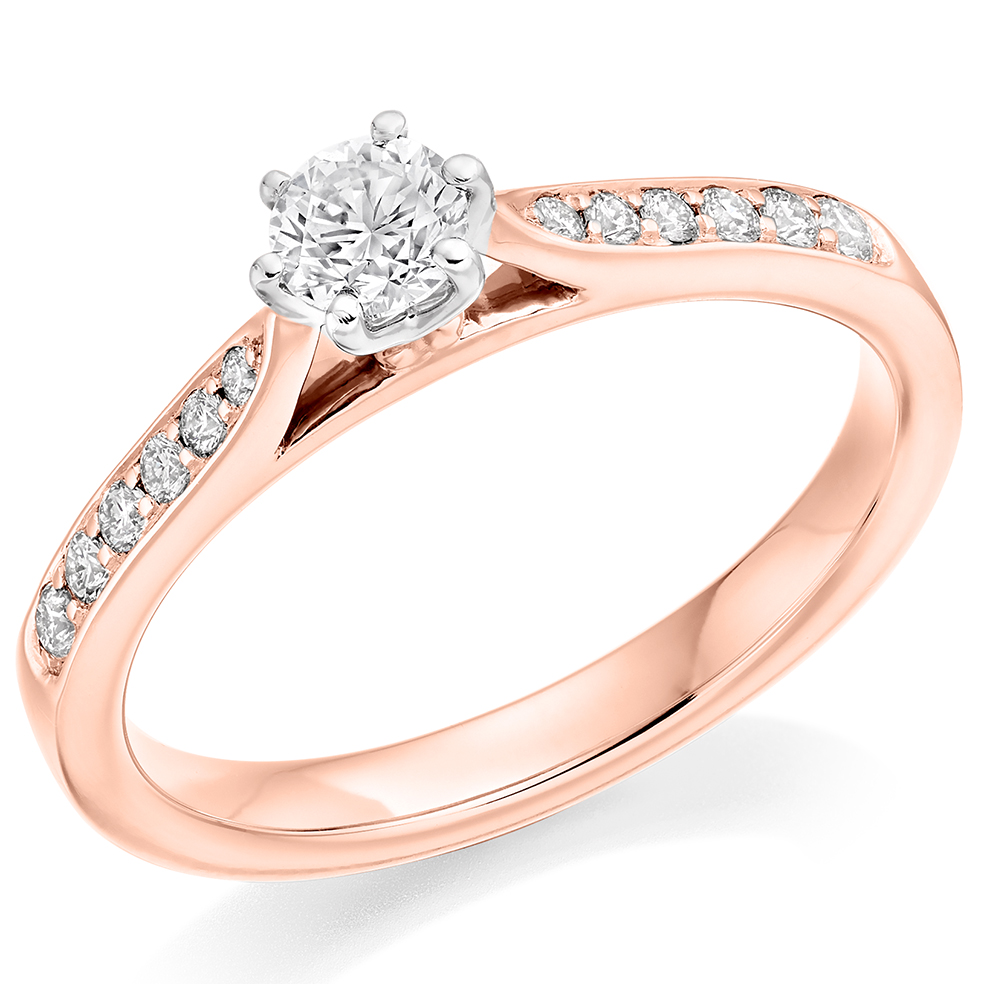 Image of Rose Gold Round Brilliant Solitaire with Diamond Set Shoulders Engagement Ring