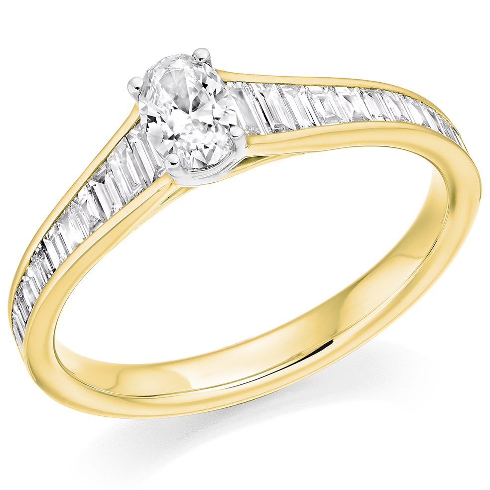 Image of Yellow Gold Oval Cut Solitaire with Diamond Set Shoulders Engagement Ring
