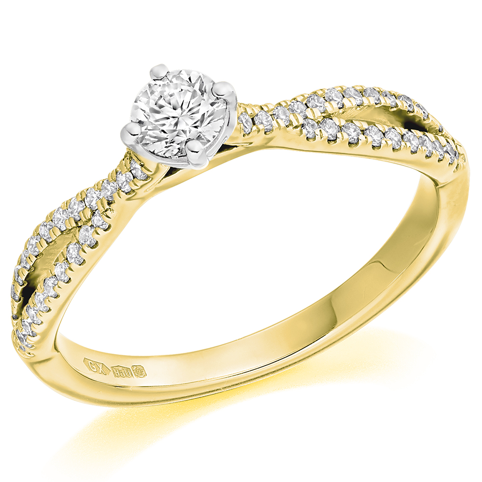 Image of Yellow Gold Round Brilliant Solitaire with Diamond Set Shoulders Split Shoulders Engagement Ring