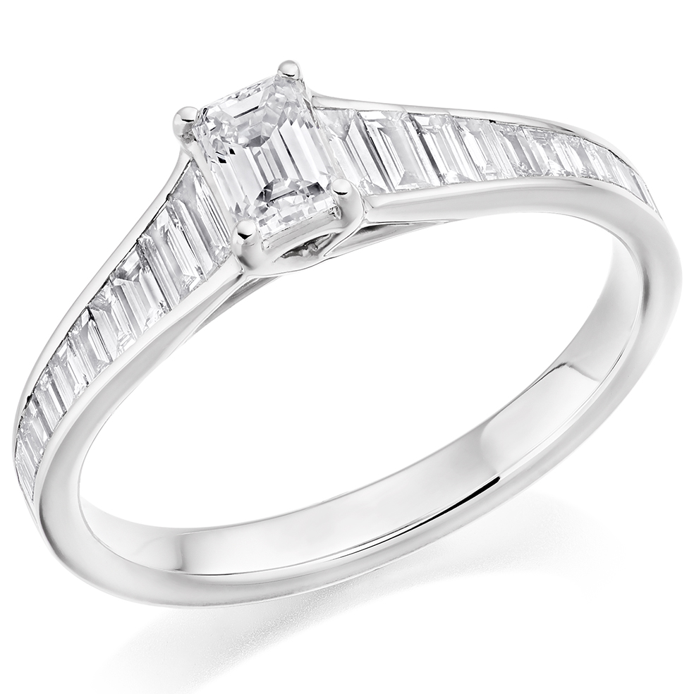 Image of Platinum Emerald Cut Solitaire with Diamond Set Shoulders Engagement Ring