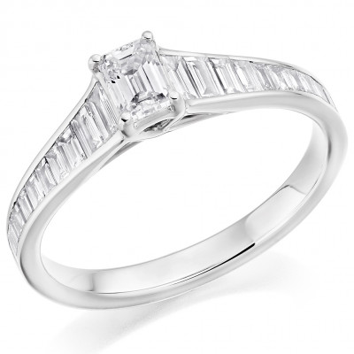 Emerald Cut Solitaire with Diamond Set Shoulders Engagement Ring Metal Image