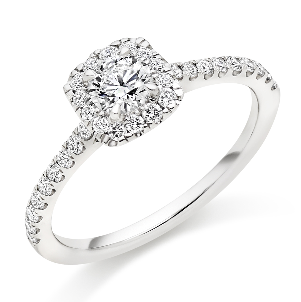 Image of White Gold Round Brilliant Halo with Diamond Set Shoulders Engagement Ring