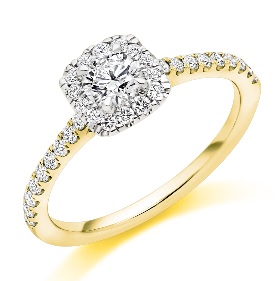 Image of Yellow Gold Round Brilliant Halo with Diamond Set Shoulders Engagement Ring