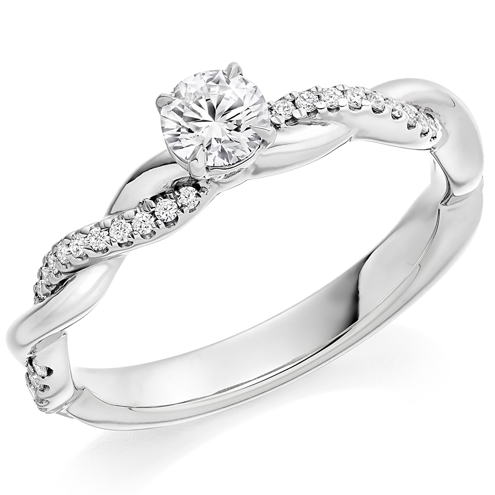 Image of Platinum Round Brilliant Solitaire with Diamond Set Shoulders Split Shoulders Engagement Ring