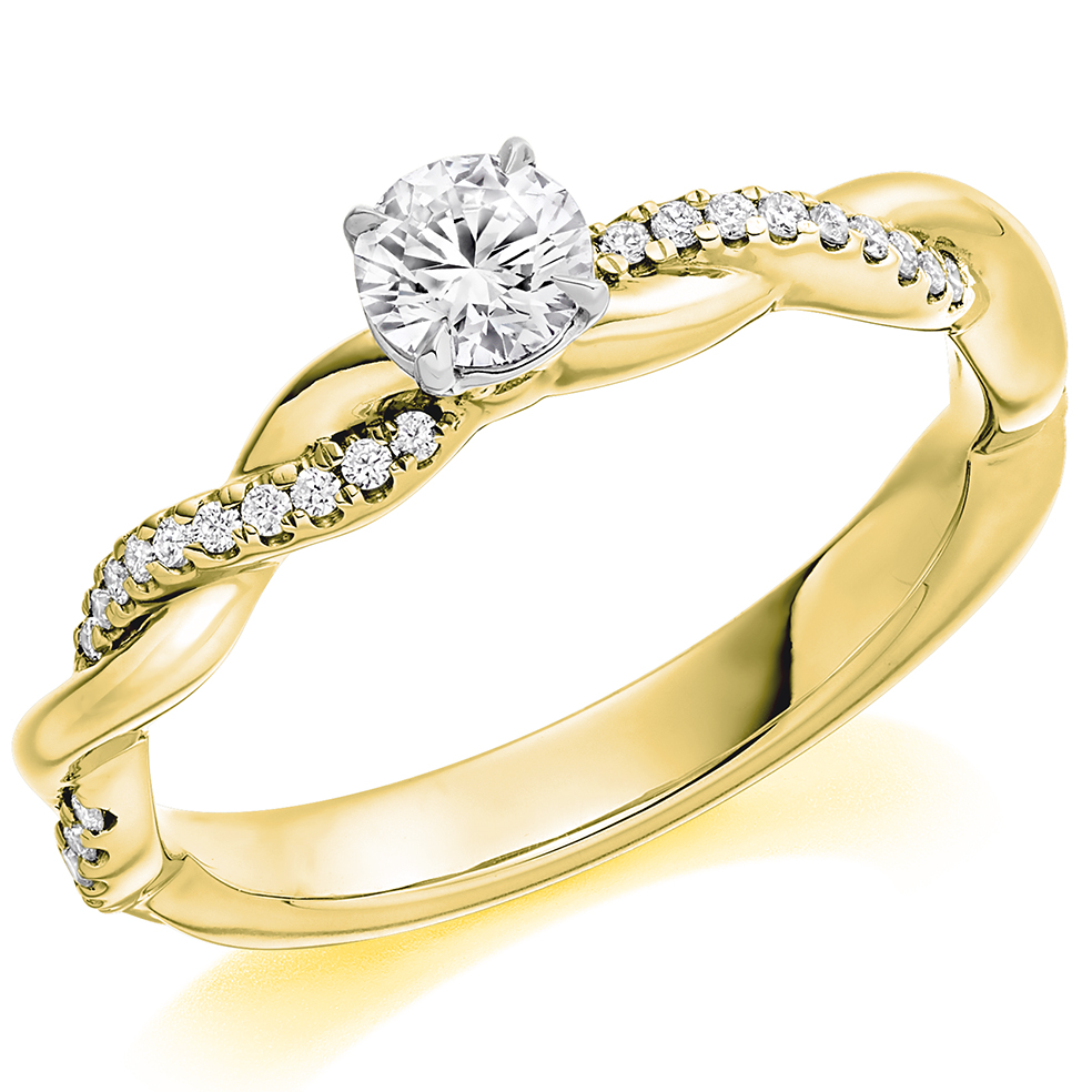 Image of Yellow Gold Round Brilliant Solitaire with Diamond Set Shoulders Split Shoulders Engagement Ring