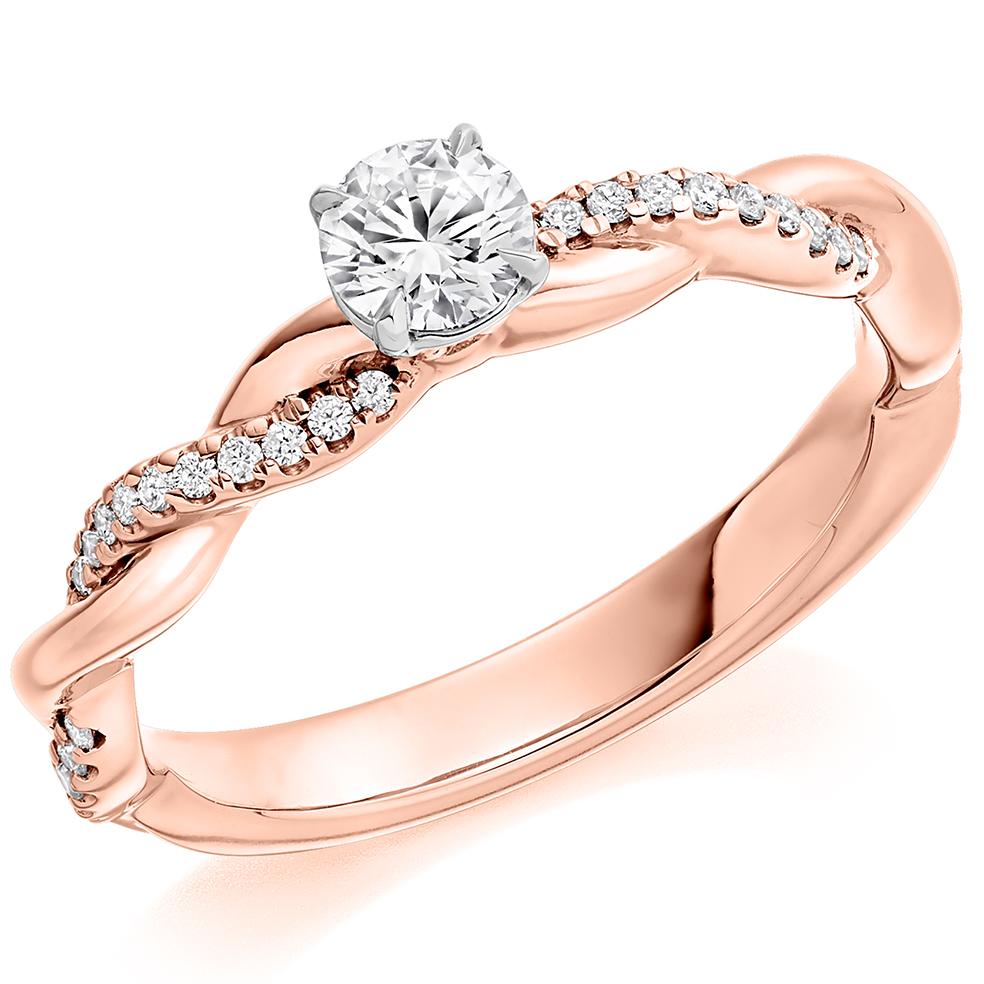 Image of Rose Gold Round Brilliant Solitaire with Diamond Set Shoulders Split Shoulders Engagement Ring