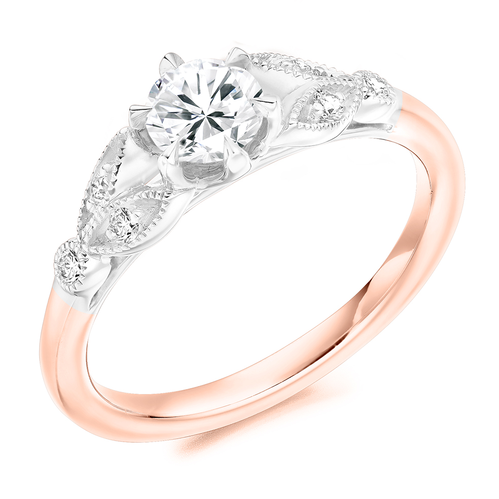 Image of Rose Gold Round Brilliant Solitaire with Diamond Set Shoulders Split Shoulders Engagement Ring