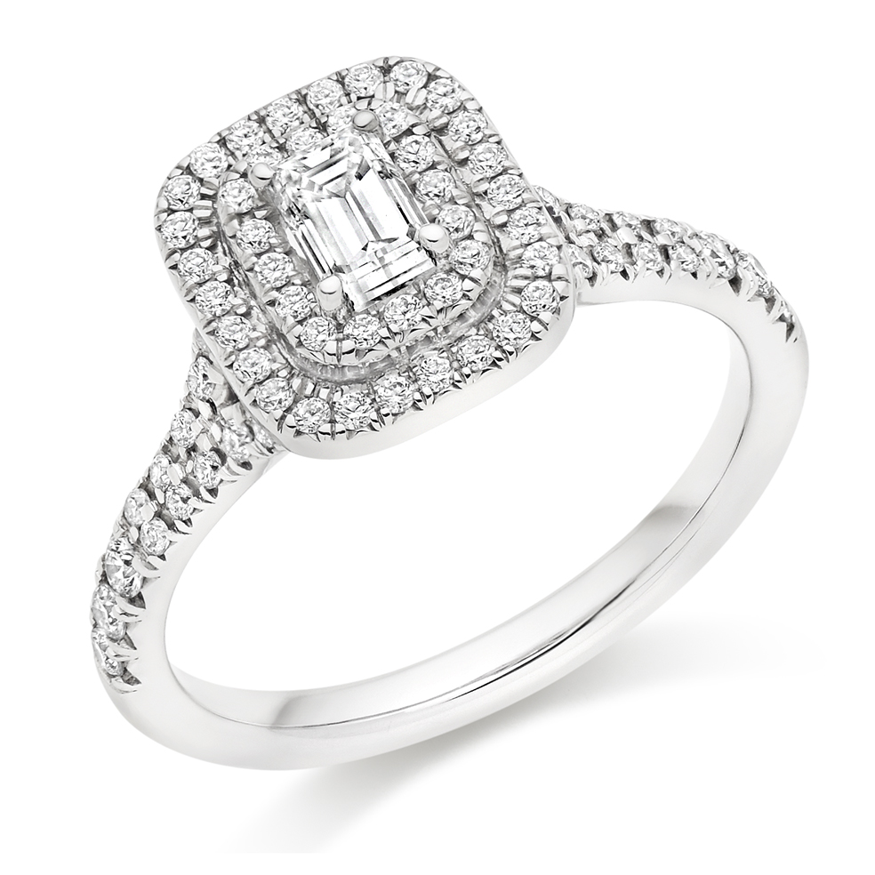 Image of Platinum Emerald Cut Halo with Diamond Set Shoulders Split Shoulders Engagement Ring