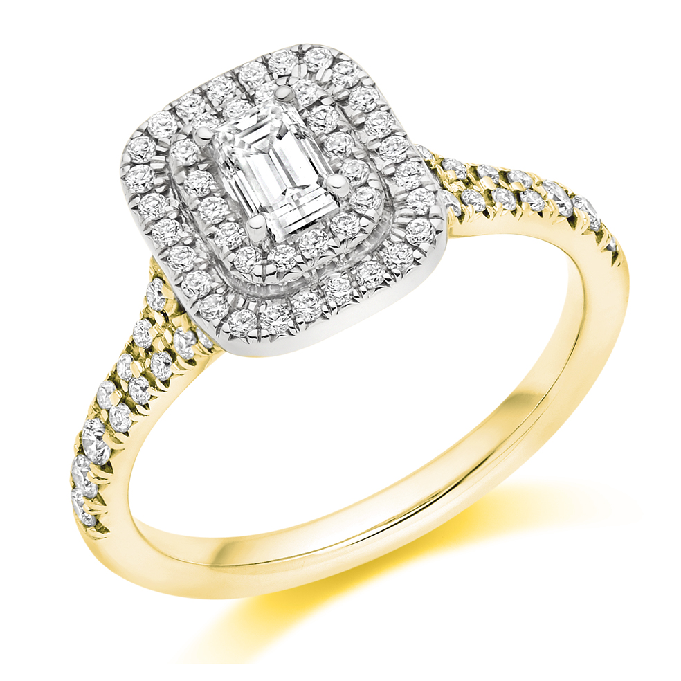 Image of Yellow Gold Emerald Cut Halo with Diamond Set Shoulders Split Shoulders Engagement Ring