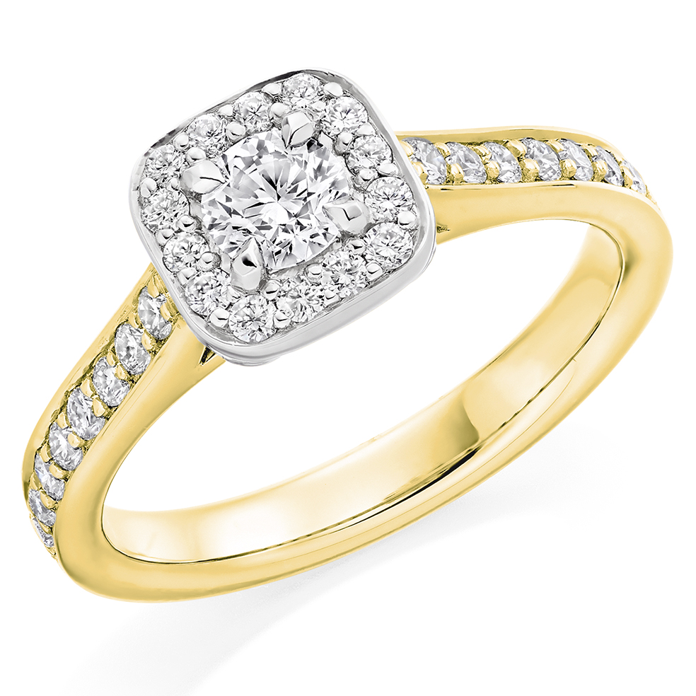 Image of Yellow Gold Round Brilliant Halo with Diamond Set Shoulders Engagement Ring