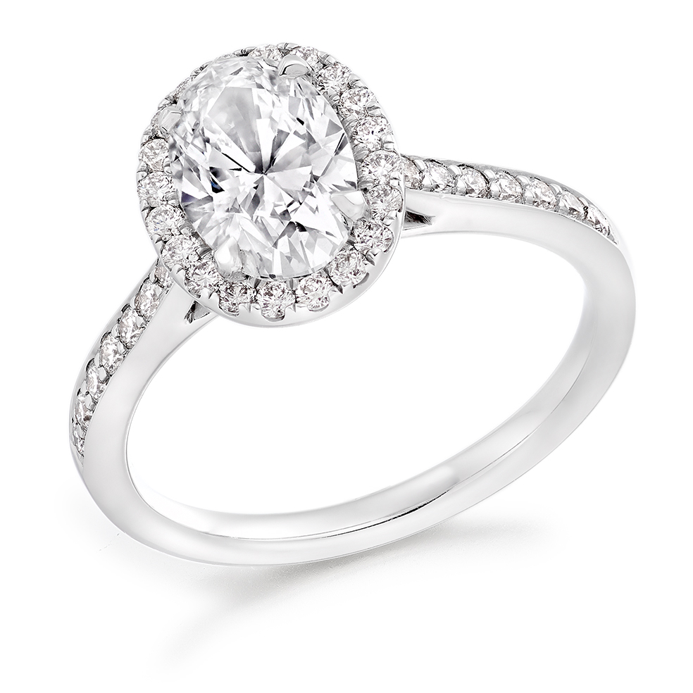 Image of White Gold Oval Cut Halo with Diamond Set Shoulders Engagement Ring