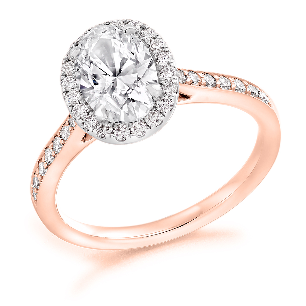 Image of Rose Gold Oval Cut Halo with Diamond Set Shoulders Engagement Ring