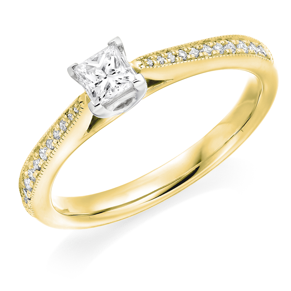 Image of Yellow Gold Princess Cut Solitaire with Diamond Set Shoulders Engagement Ring