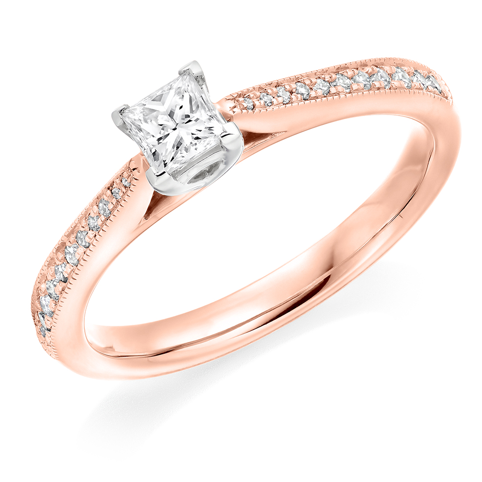 Image of Rose Gold Princess Cut Solitaire with Diamond Set Shoulders Engagement Ring