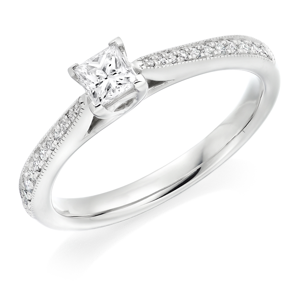 Image of Platinum Princess Cut Solitaire with Diamond Set Shoulders Engagement Ring