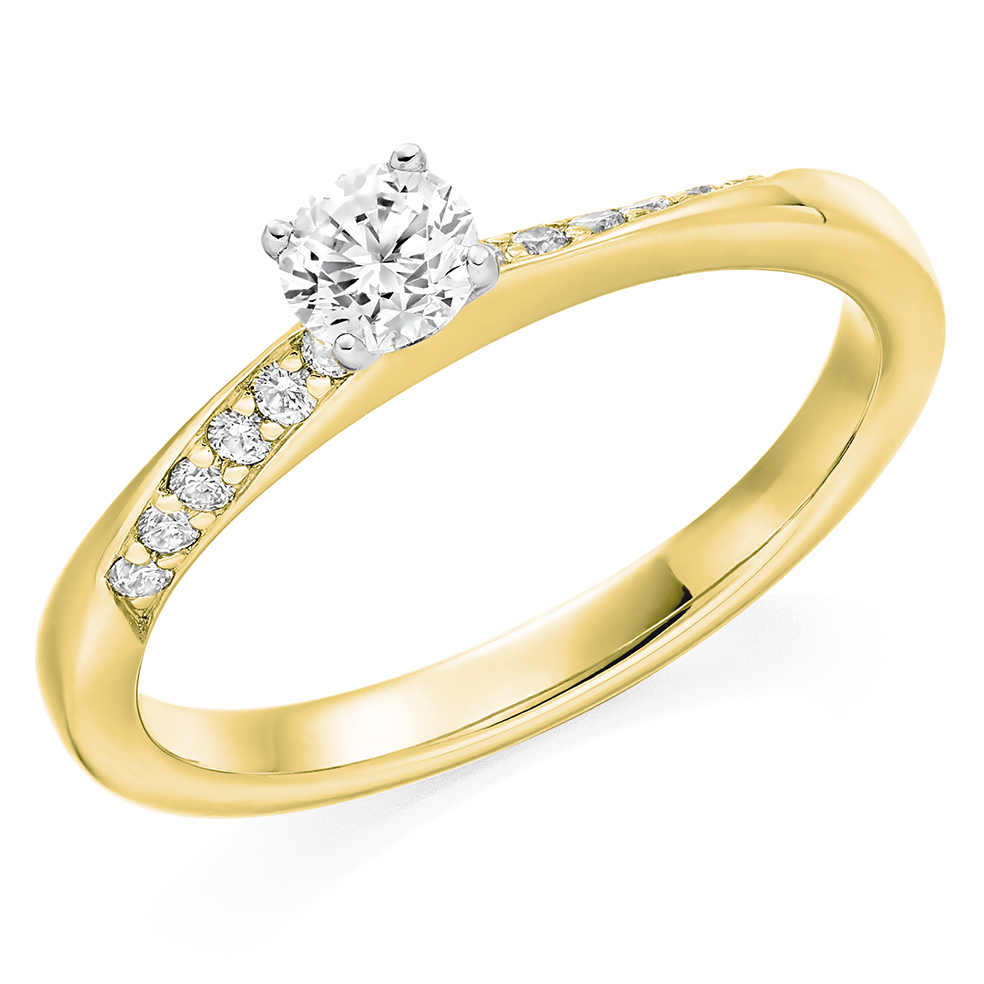Image of Yellow Gold Round Brilliant Solitaire with Diamond Set Shoulders Engagement Ring