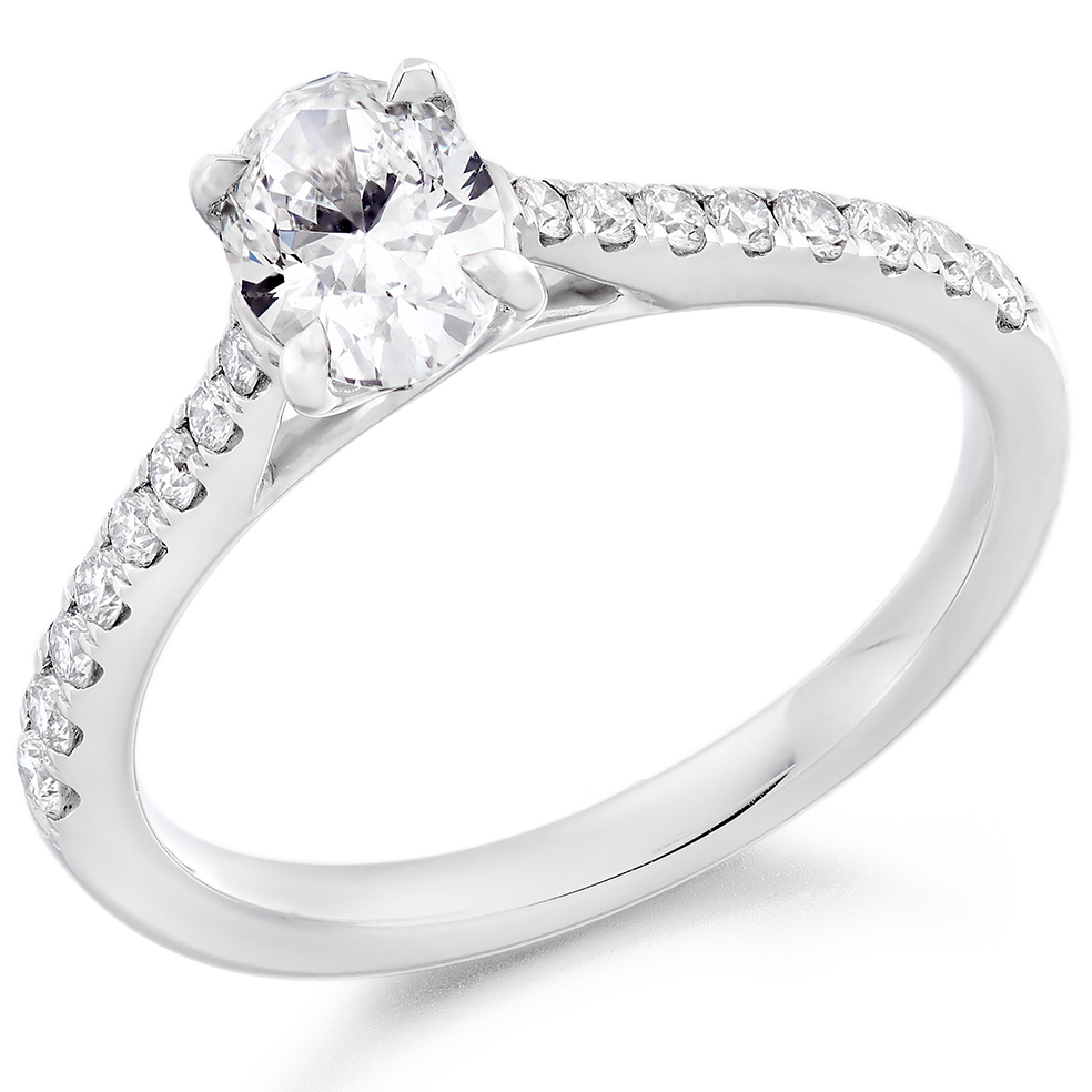 Image of Platinum Oval Cut Solitaire with Diamond Set Shoulders Engagement Ring