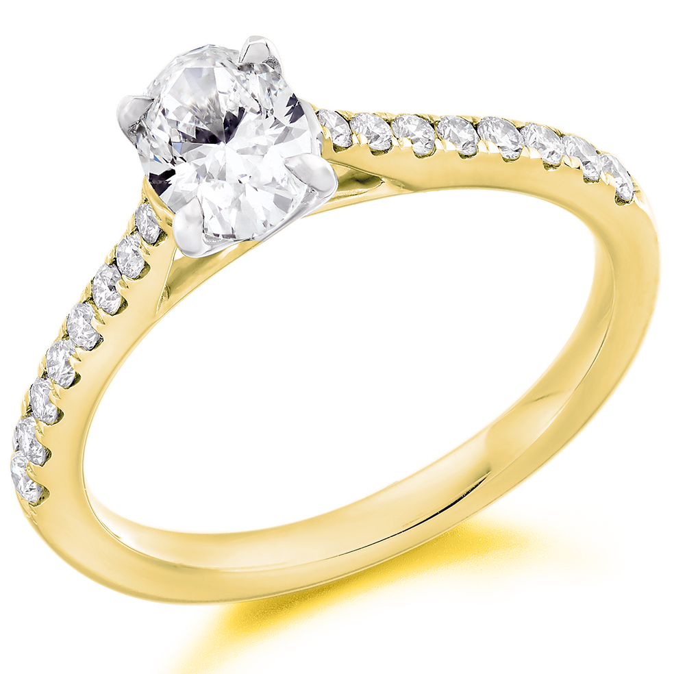 Image of Yellow Gold Oval Cut Solitaire with Diamond Set Shoulders Engagement Ring