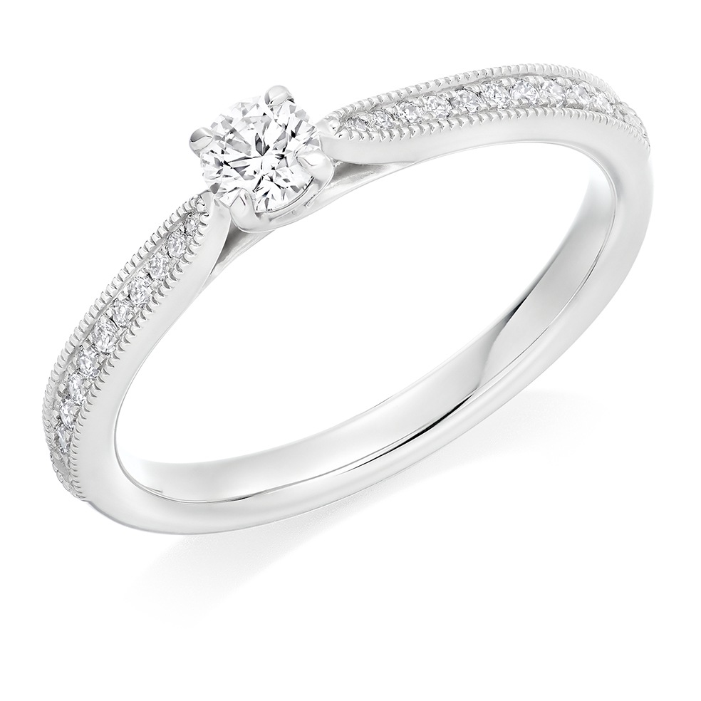 Image of Platinum Round Brilliant Solitaire with Diamond Set Shoulders Engagement Ring