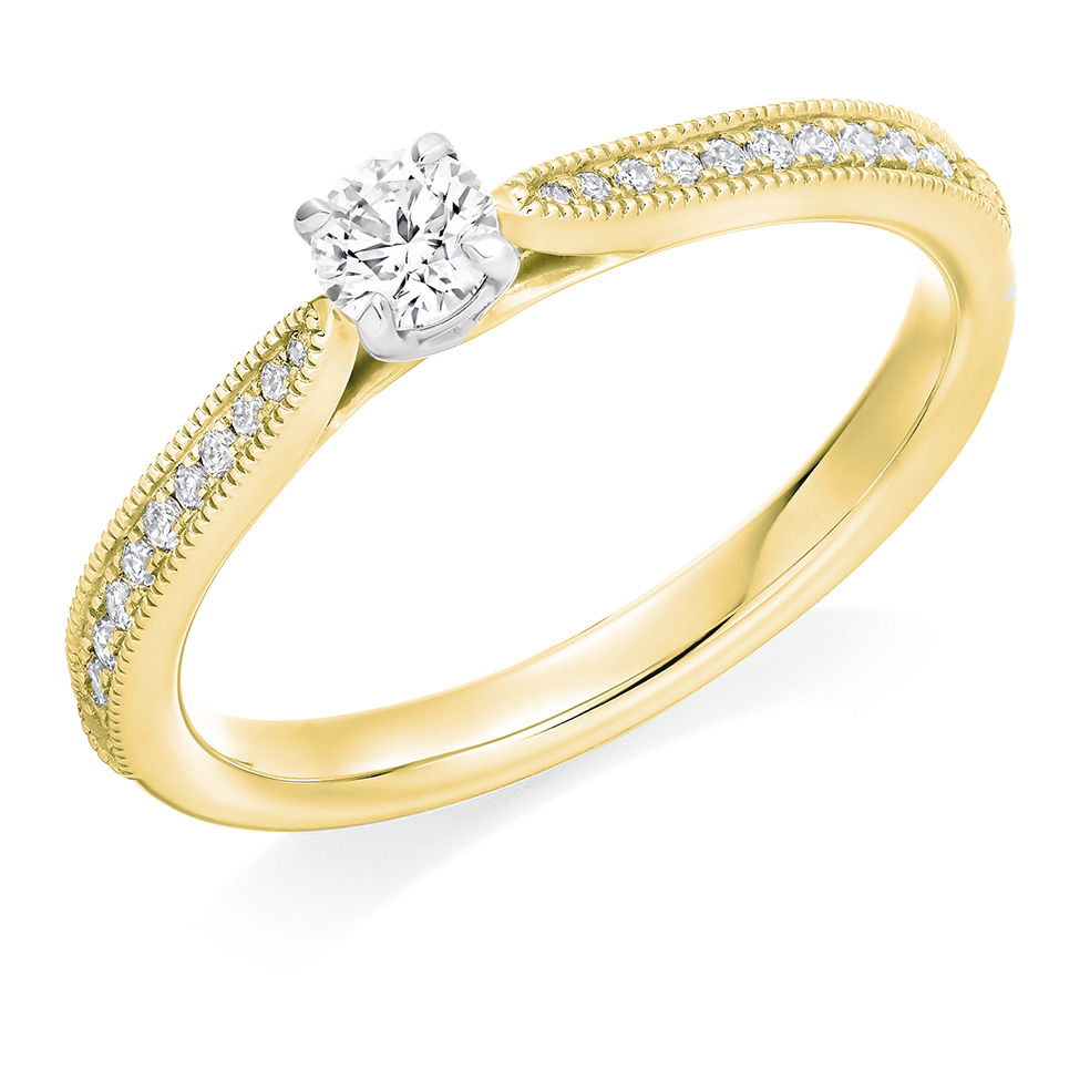 Image of Yellow Gold Round Brilliant Solitaire with Diamond Set Shoulders Engagement Ring