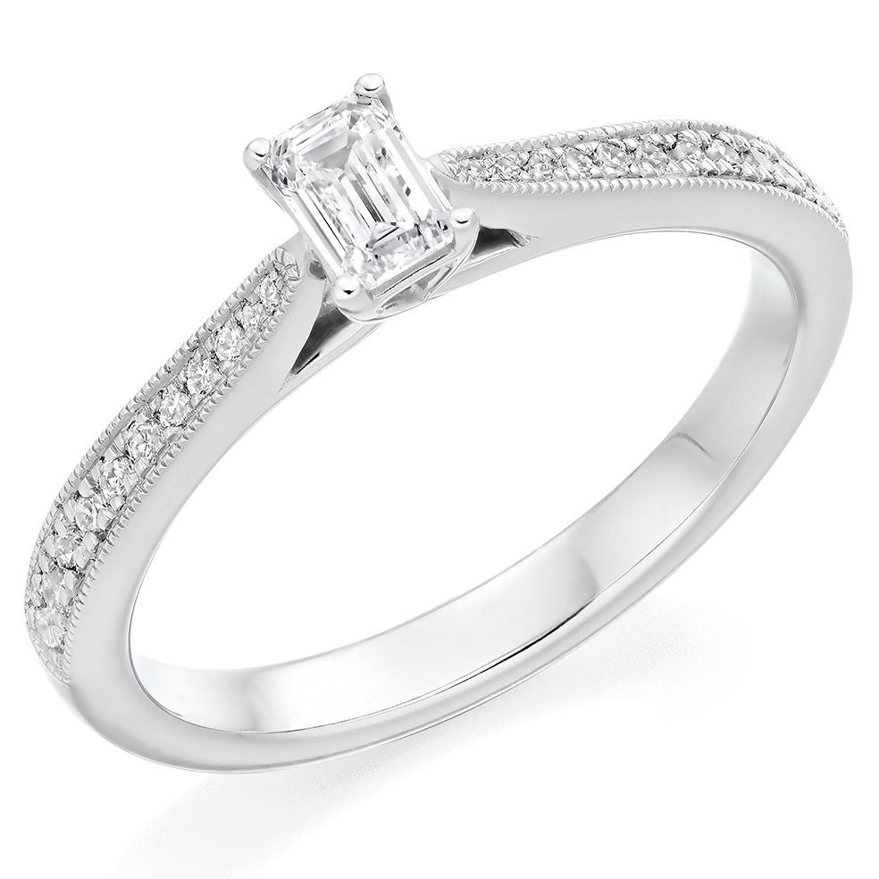 Image of Platinum Emerald Cut Solitaire with Diamond Set Shoulders Engagement Ring