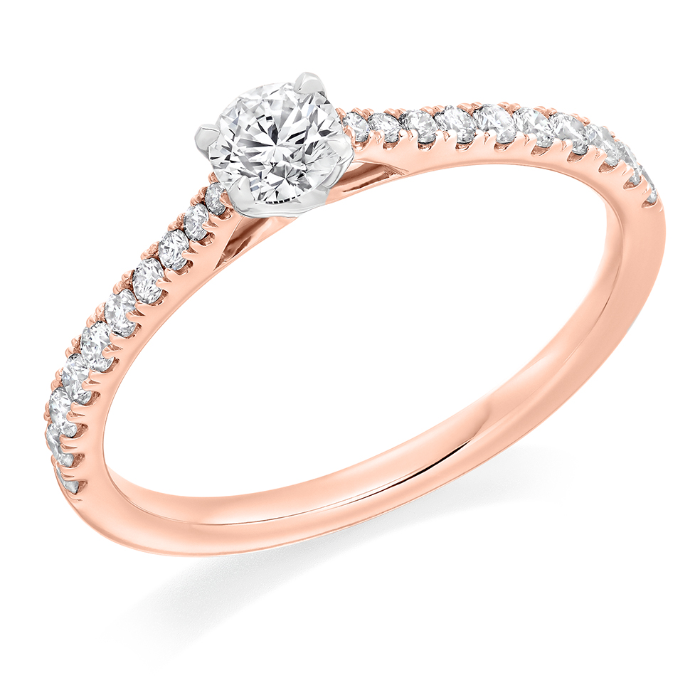 Image of Rose Gold Round Brilliant Solitaire with Diamond Set Shoulders Engagement Ring