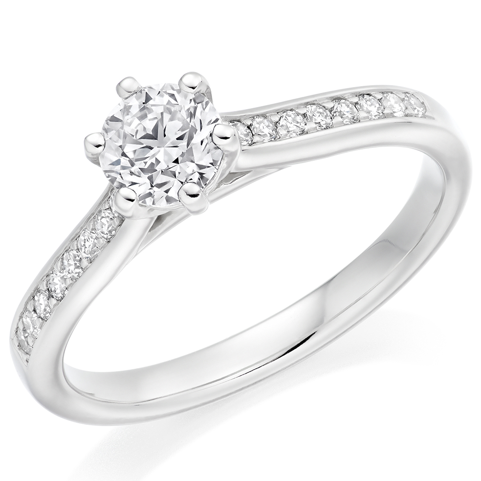 Image of Platinum Round Brilliant Solitaire with Diamond Set Shoulders Engagement Ring
