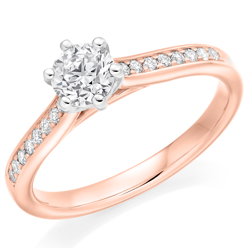 Image of Rose Gold Round Brilliant Solitaire with Diamond Set Shoulders Engagement Ring