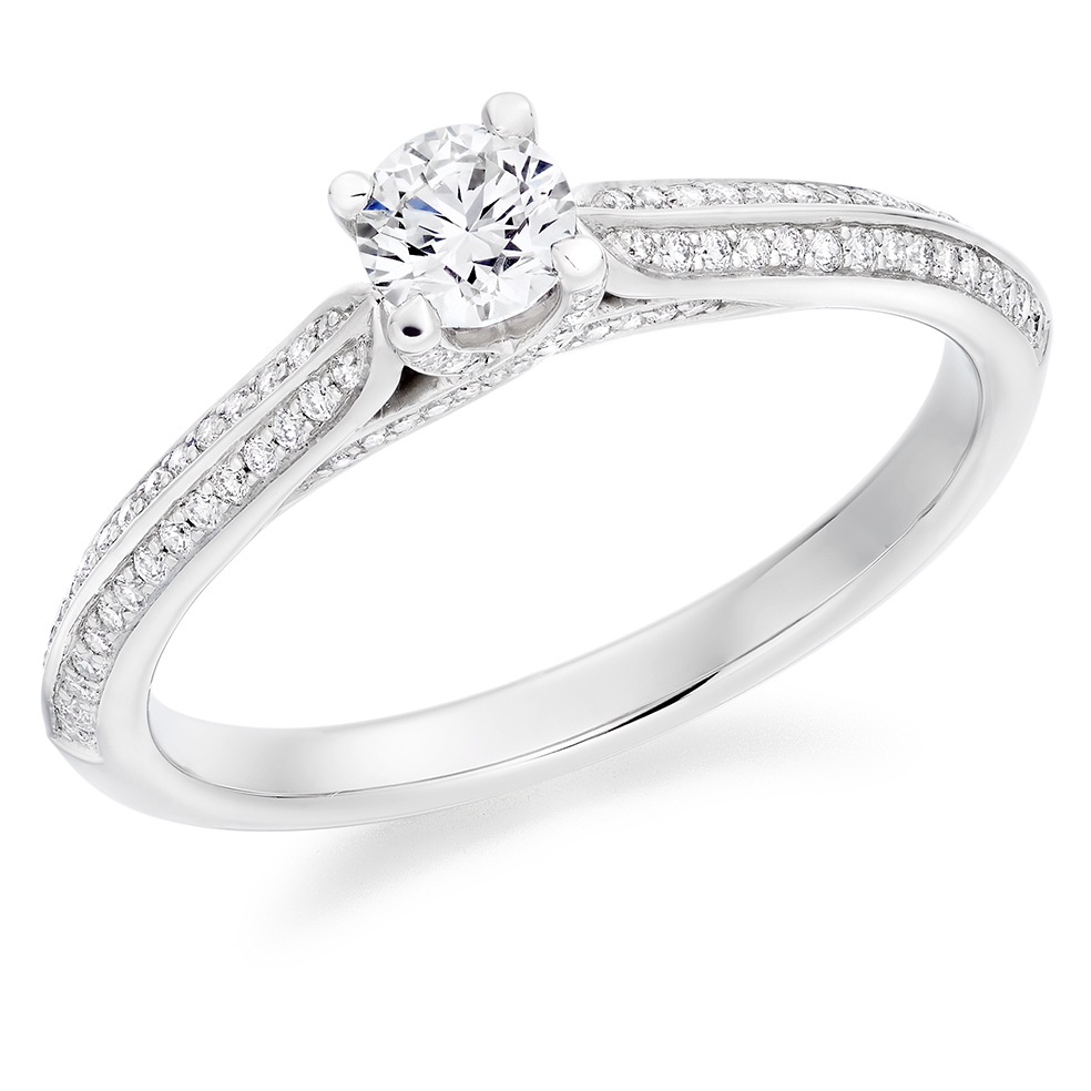 Image of White Gold Round Brilliant Solitaire with Diamond Set Shoulders Engagement Ring
