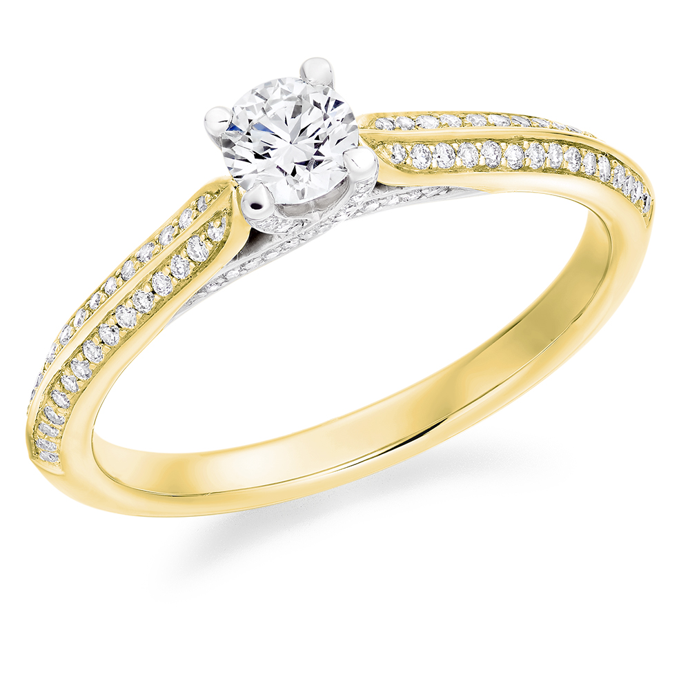 Image of Yellow Gold Round Brilliant Solitaire with Diamond Set Shoulders Engagement Ring