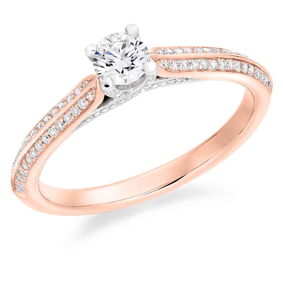 Image of Rose Gold Round Brilliant Solitaire with Diamond Set Shoulders Engagement Ring