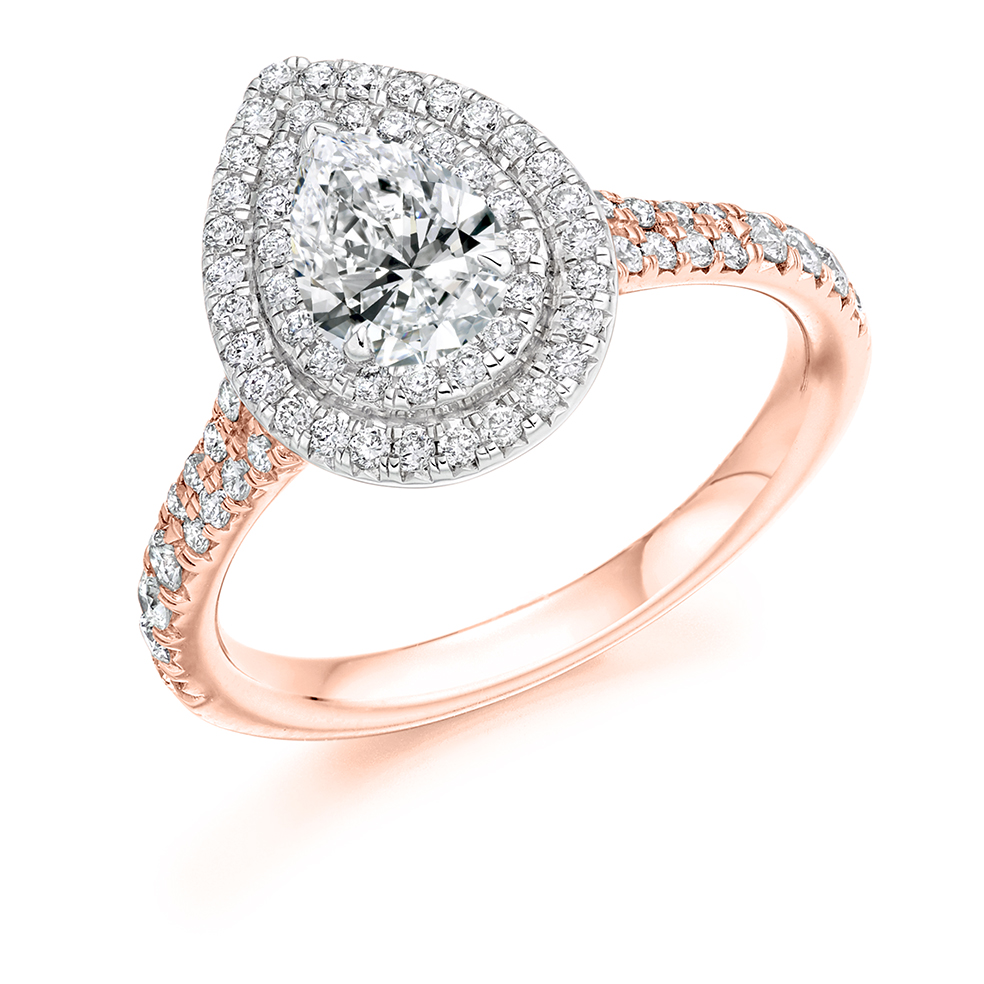 Image of Rose Gold Pear Cut Halo with Diamond Set Shoulders Split Shoulders Engagement Ring