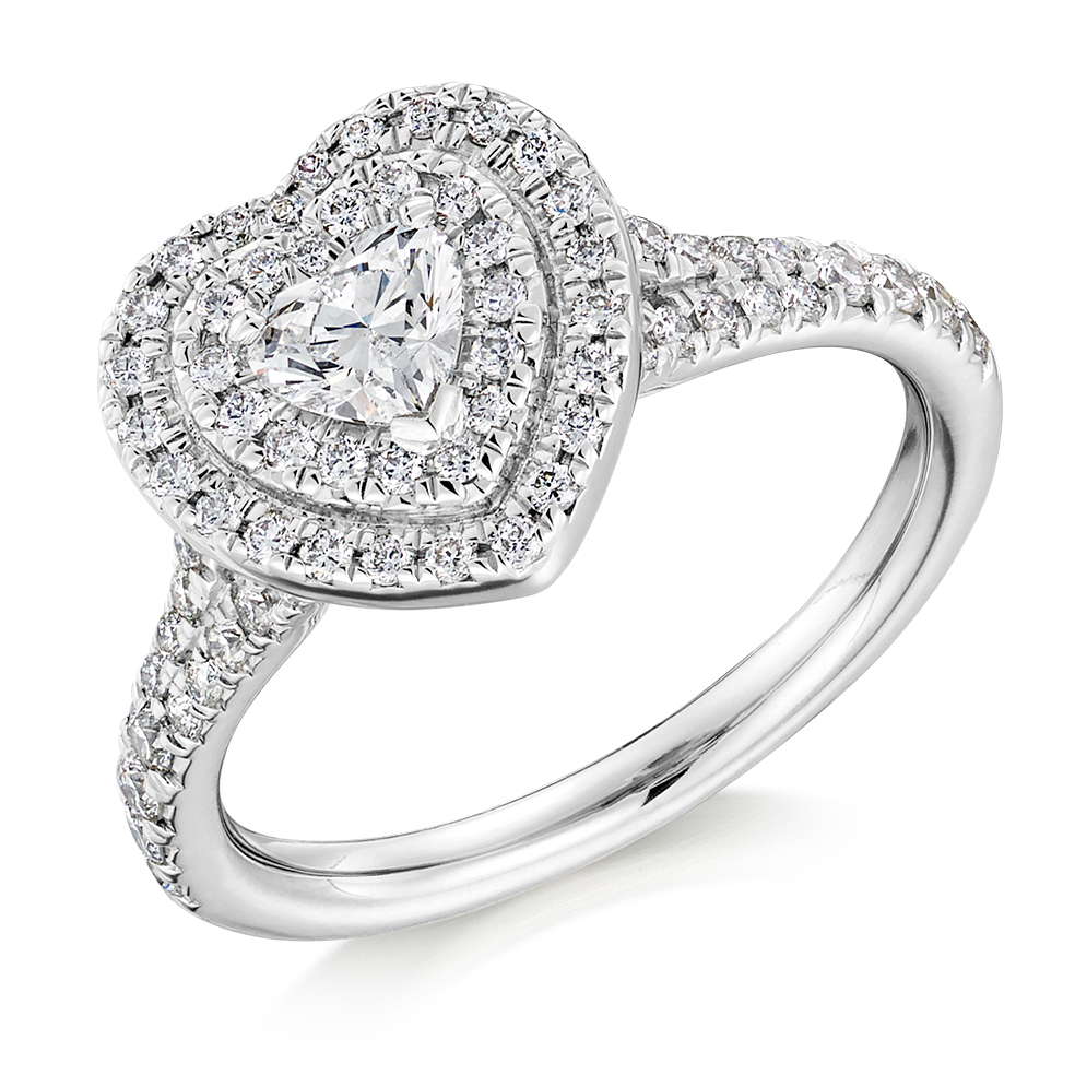 Image of White Gold Heart Cut Halo with Diamond Set Shoulders Split Shoulders Engagement Ring