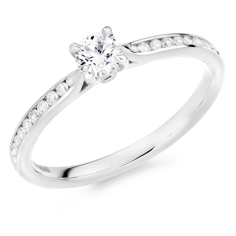 Image of White Gold Round Brilliant Solitaire with Diamond Set Shoulders Engagement Ring