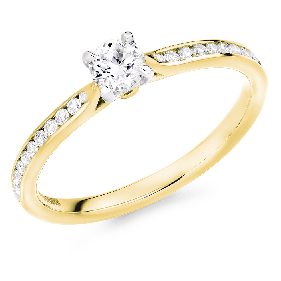 Image of Yellow Gold Round Brilliant Solitaire with Diamond Set Shoulders Engagement Ring