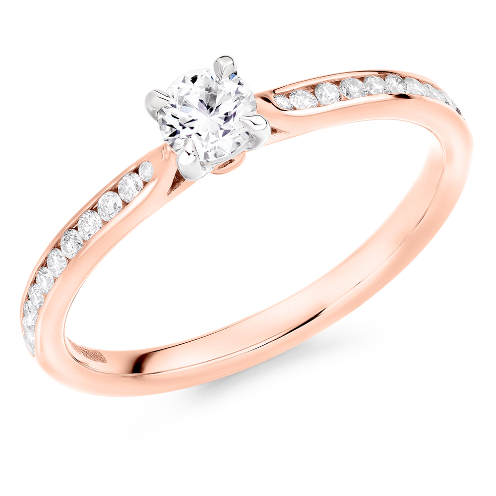 Image of Rose Gold Round Brilliant Solitaire with Diamond Set Shoulders Engagement Ring
