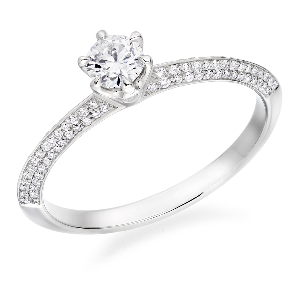 Image of White Gold Round Brilliant Solitaire with Diamond Set Shoulders Engagement Ring